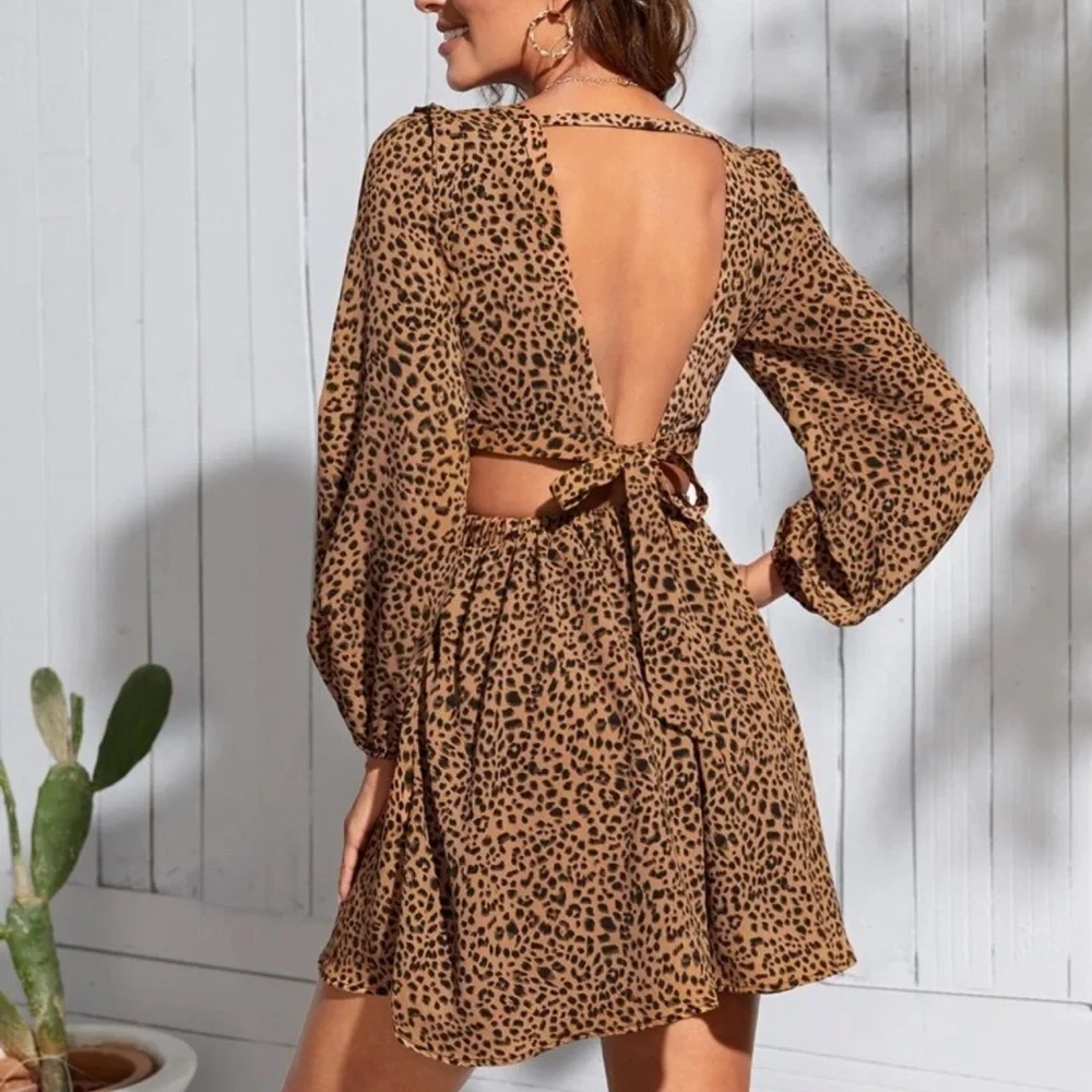 Leopard print cutout long sleeve tie backless boho gypsy dress - Picture 2 of 2